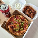 One Personal Pizza with Three Toppings, 6 Pieces of Wings & can of Drink Lunch