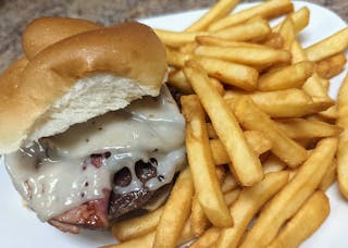 Topped Burger with French Fries