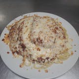 Eggplant Parmigiana over Spaghetti