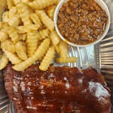Baby Back Ribs with fries and baked beans