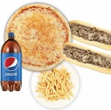 One Large Plain Pizza, Two Plain Cheesesteaks, One Large French Fry & One 2L Soda