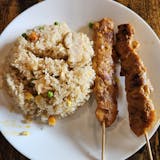 Morelli's fried rice with 2 chicken teriyaki skewers& a can of soda or water Combo