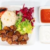 Beef Shish Kebab Over White Rice + Salad + Pita Breads