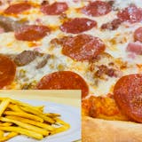Saturday 16” meat lovers pizza + mozzarella sticks