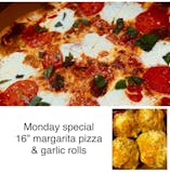 Monday 16” Margarita pizza + Garlic Rolls