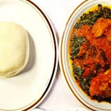 Pounded Yam (Fufu), Stewed Spinach & Assorted Meat Plate