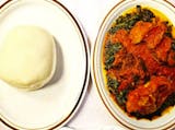 Pounded Yam (Fufu), Stewed Spinach & Assorted Meat Plate