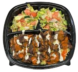 Halal Grilled Lamb on Rice with Salad & Buffalo + Ranch Sauce on the top