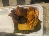 Tamal, Chicharron, Camote Frito, Rellano y Ensalada Criolla