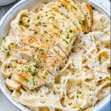 Fettuccine Alfredo with Grilled Seasoned Chicken Breast