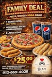 1 Large Pizza, Mozzarella Sticks or Breadsticks, 2 Large Drinks