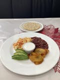 1. Eggs, Beans, Cream, Avocado, Plantain & Tortilla Breakfast