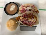 2 Baja Fish Tacos /Cabbage salad Chipotle Aioli with Rice & Beans