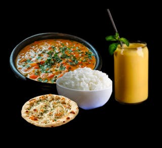 Combo # 2 vegetables(Mixed vegetables + Garlic Naan +Rice + Mango Lassi)
