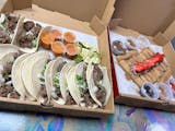 Family Street Tacos box (10 Street Tacos/ carne asada, 1 large Churros box)