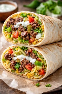 Lamb with onions green peppers lettuce tomatoes yellow rice white sauce Burrito.