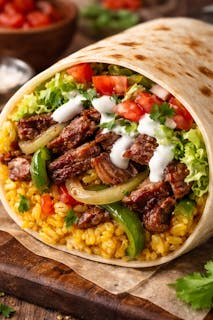 steak with onions green peppers lettuce tomatoes yellow rice white sauce Burrito.