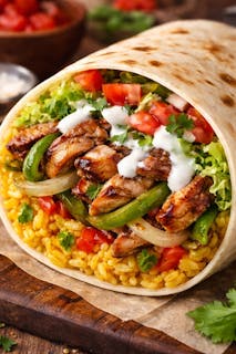 Grilled chicken with onions green peppers lettuce tomatoes yellow rice white sauce Burrito.
