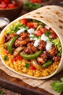 Chipotle chicken with onions green peppers lettuce tomatoes yellow rice white sauce Burrito .