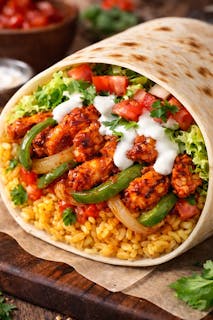 Buffalo Chicken with onions green peppers lettuce tomatoes yellow rice white sauce Burrito .