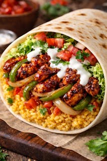 BBQ chicken with onions green peppers lettuce tomatoes yellow rice white sauce Burrito .