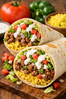 Ground Beef with onions green peppers lettuce tomatoes yellow rice white sauce Burrito.