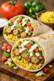 falafel with onions green peppers lettuce tomatoes yellow rice white sauce Burrito.