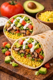 Veggie,  onions green peppers mushrooms lettuce tomatoes Avocado yellow rice white sauce Burrito.