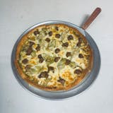 32. Pesto Sauce, Olive Oil, Artichoke Hearts, Fresh Garlic, Feta Cheese, Sausage & Cheese Pizza