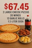 Two Large Pies, 20 Wings, 12 Garlic Rolls & 2 Liter Soda Special