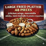 Large fried platter 48 pieces (chicken wings, mozzarella sticks, mini riceballs & potato croquettes)