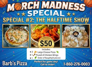 2 Large Pizzas, 1 Order Oven Roasted Chicken Wings, 1 Order of Garlic Knots