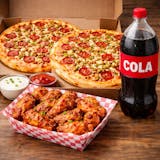 Two Large 14" 2-Topping Pizzas, 15 Wings & 2 Liter Soda