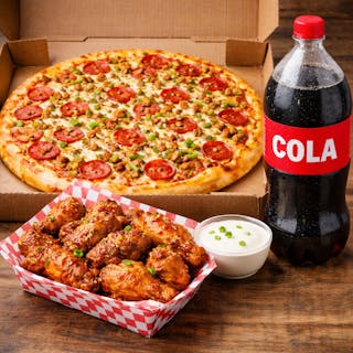Large 14" 3-Topping Pizza, 10 Wings & Large Soda