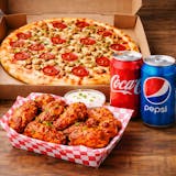 Large 2-Topping Pizza, 6 Wings & 2 Cans of Soda Lunch Special