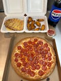 Large pizza 2 topping 8 wings 8 breadsticks and 2 liter