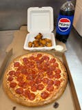 Large pizza 2 topping 8 wings and 2 liter