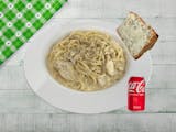 Chicken Alfredo Pasta (Halal) with Cheesy Garlic Bread & a Drink