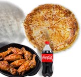 Family Combo:   1 Large 18" Chess Pizza Pie with 6 Pcs Crispy Hot wings and 20oz bottle Soda.