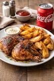 Half chicken with Potato wedges and one can soda.