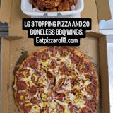 Large Two Toppings Pizza & 20 Boneless Wings Special