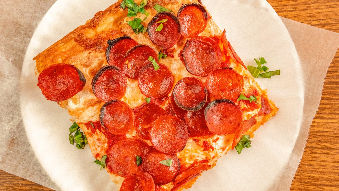 Spicy Pepperoni Sicilian Pizza Slice
