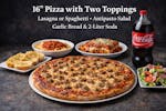 16'' Pizza with Two Toppings Lasagna or Spagheti Antipasto Salad Garlic Bread & 2 Liter Soda