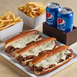 3 Cheesesteak (12"each), 3 Fries & 3 cans Soda