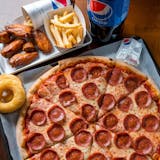 Feast for 4 (1Lg Pepperoni Pizza, 6 Wings, 1 Small Fries and 2 Ltr Soda)