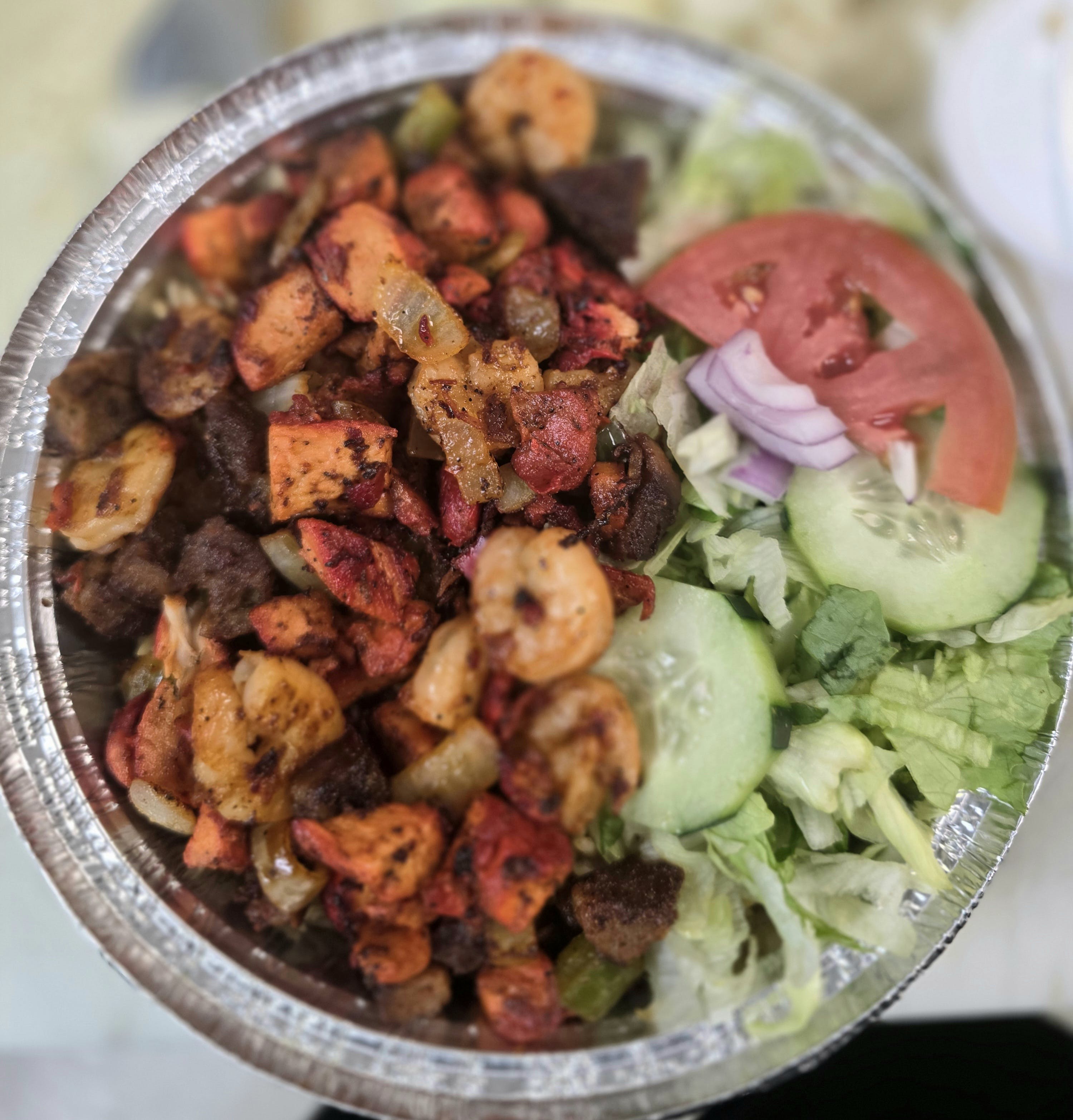 Chicken, Lamb & Grill Shrimp Mix over Rice Platter