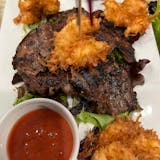 Skirt Steak with Coconut Shrimp - Served with a side of Penne Vodka and side House Salad