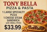 1 Large Speciality Pizza , 1 Cheese Steak Sandwich with small Fires $33.99
