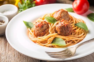 Spaghetti Pomodoro with Three Meatballs