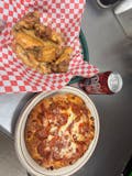 8" Pizza with 3 Toppings, 6 Wings & 1 Can of Soda Special